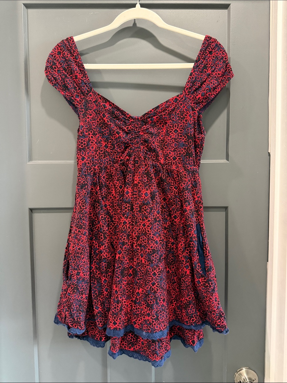Free People Red Floral Scoop-Neck Mini Dress with Navy Base